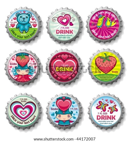 Valentines Day Icons. stock vector : Valentine#39;s day bottlecaps - icons