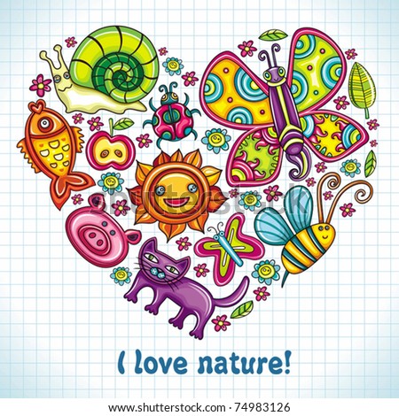 Flora and fauna theme heart. Cartoon set of colorful icons of animals, birds and plants. Doodle collection contains: leafs, , pigeon, bumblebee, , goldfish, ladybug, butterfly, kitten, apple