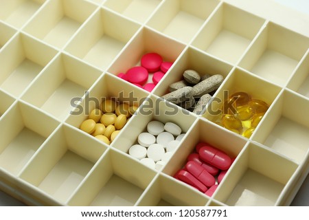 Various types of pills in a pill box