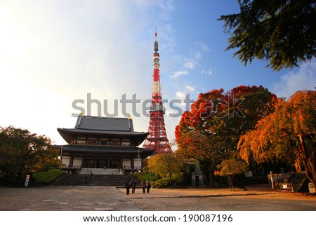 TOKYO CIRCA NOVEMBER 2013 - Zojoji Temple and Tokyo Tower, one of the main tourist attractions of Tokyo.