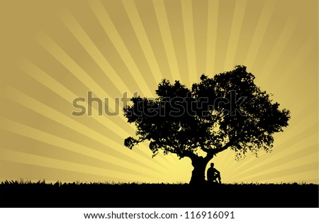 Natural sunset landscape with man silhouette