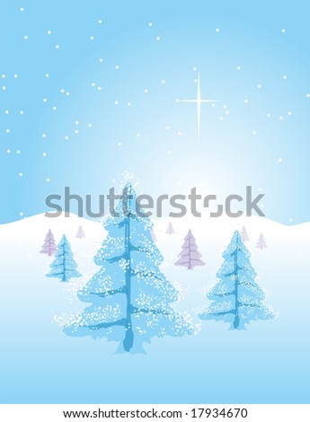 Winter or Christmas landscape. Trees full of snow and the comet star in the sky.