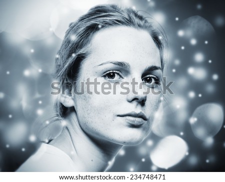 Woman Christmas  New Year portrait,  lights snow and black and white background