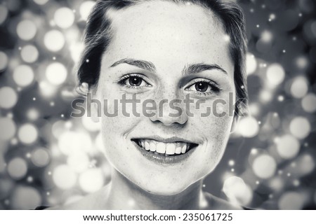 Woman Christmas  New Year portrait,  lights snow black and white  background
