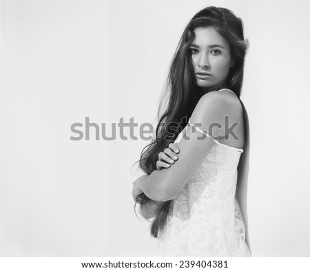 Woman studio beauty portrait black and white with long hair  shine skin healthy
