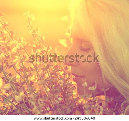 beautiful woman portrait with flower nature  sunset happy people outdoor