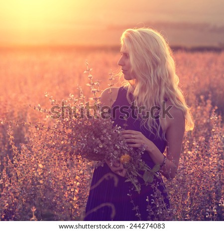 beautiful woman portrait with flower nature  sunset happy people outdoor