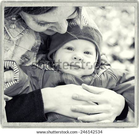 Family outdoors happy people with child black and white
