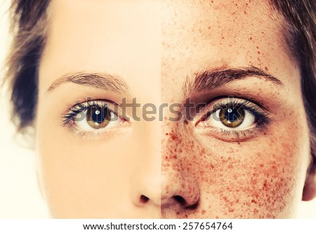 Eyes Woman freckle happy young beautiful studio portrait with healthy skin half