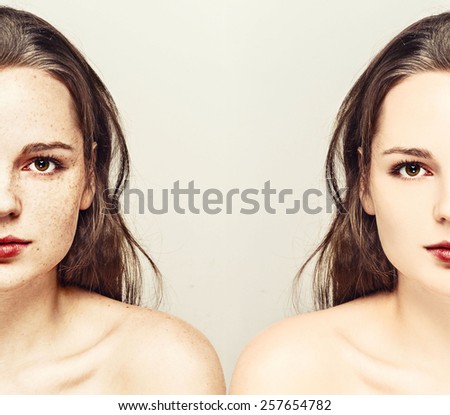 Portrait of fun attractive girl woman with freckles clear skin and beautiful hair half face