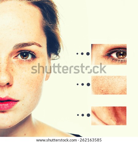 Portrait of girl woman with problem and clear skin, aging and youth concept