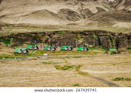 Iceland beautiful landscape with mountains and camping, wild beautiful  panorama with houses