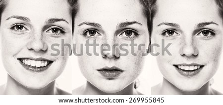 Portrait of girl woman with problem and clear skin, aging and youth concept black and white