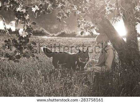Woman with dog nature black and white