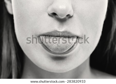 tongue woman open mouth black and white