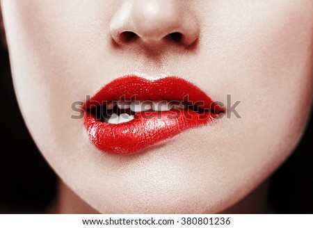Perfect Lips. Sexy Girl Mouth close up. Beauty young woman Smile. Natural plump full Lip. Lips augmentation.Nose