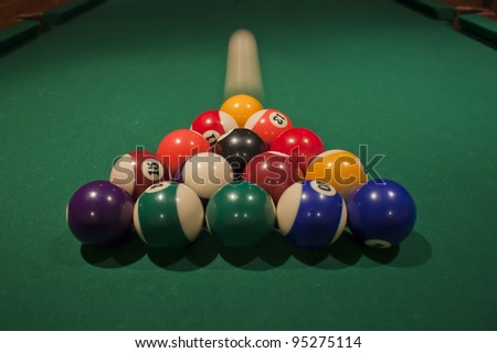 Billiards Cue ball about to break racked billiards balls