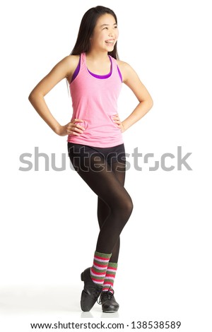 Young Asian American Teen posing in casual dance clothes and tap shoes