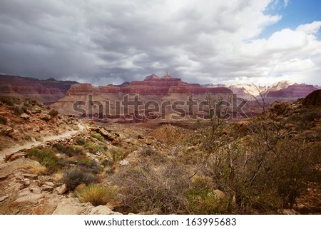 Grand Canyon view from South Kaibab Trail near Tip Off Point During a Rainstorm