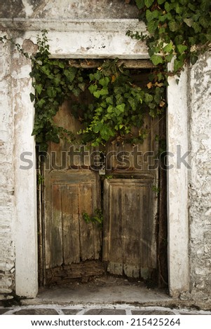Quaint old door surrounded by a stone frame with peeling paint. Lots of vines cover the door which is locked by padlock. Image taken in on the island of Naxos, Greece