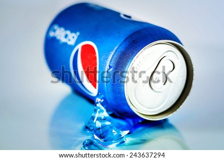 SABAH, MALAYSIA - JANUARY 09, 2015: Can of Pepsi drink isolated on white. Pepsi is carbonated soft drink produced by PepsiCo. Pepsi was created and developed in 1893