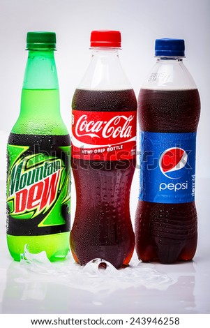 SABAH, MALAYSIA - JANUARY 13, 2015. bottle of Coca-cola, Pepsi and Mountain Dew  isolated on white.