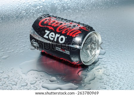 SABAH, MALAYSIA - March 18, 2015: Coca-Cola Zero Can on metal background.