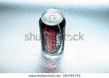 SABAH, MALAYSIA - March 18, 2015: Coca Cola Zero can with metal background in wet and cold conditions