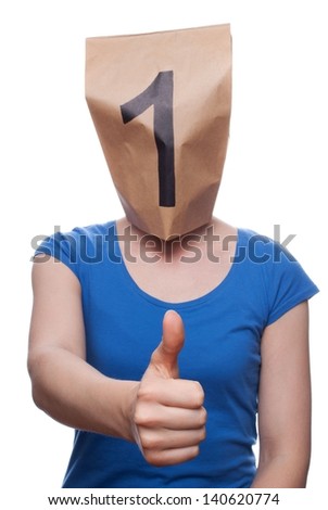 a person with a paper bag head showing a one, isolated