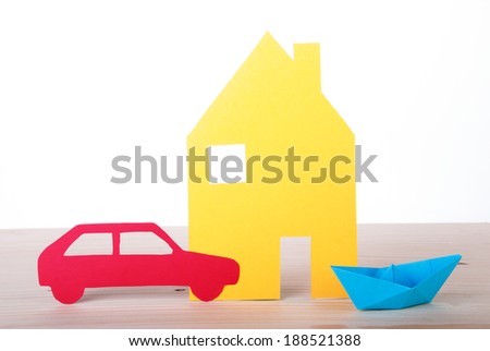 A Paper House, Boat and Car, Isolated
