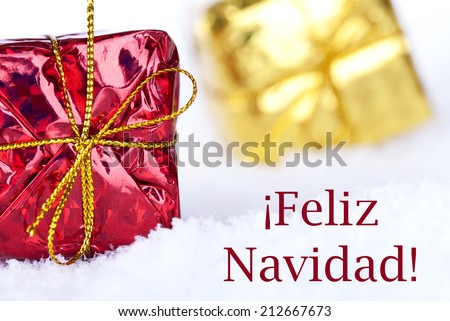 Christmas Gifts in the Snow with the Spanish Christmas Greetings Feliz Navidad which means Merry Christmas