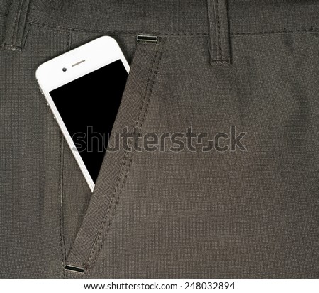 smartphone with a black screen in the pocket of jeans