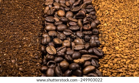 Collection of three types of coffee, milled, instant and beans