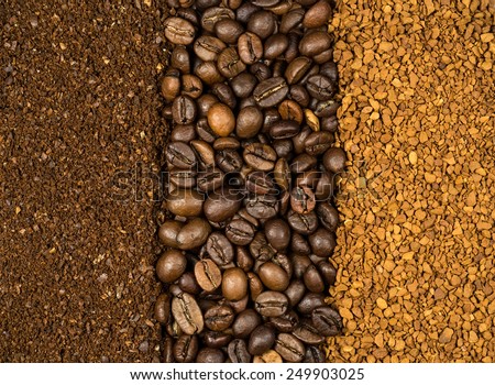collage of three types of coffee, milled, instant and beans