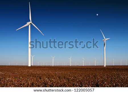 A wind turbine farm in a cotton field in rural West Texas with the moon in the sky