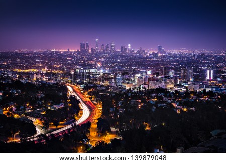 View of Downtown Los Angeles from the Hollywood Hills.  Interstate 101 is shown in the foreground.