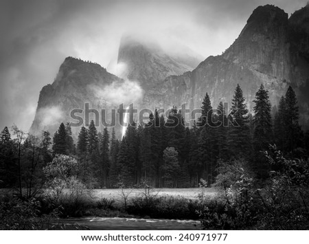 View of Bridalveil Falls on a foggy morning after a clearing storm