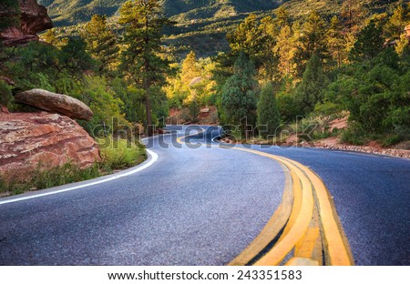 An empty S Curve in a forested road located in the mountains near Colorado Springs in Fall