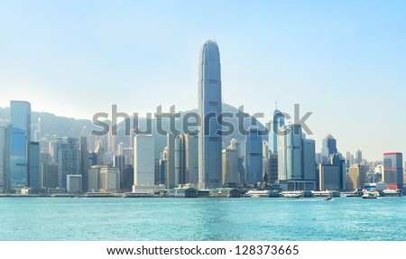 Hong Kong business center with a clear blue sky
