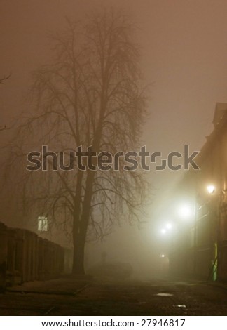 Night street in the fog
