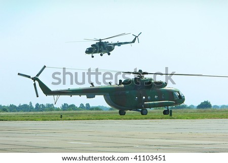 Modern military helicopter bristling