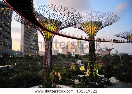 Singapore - March 05: Gardens By The Bay At Dusk On March 05, 2013 In Singapore. Gardens By The Bay Was Crowned World Building Of The Year At The World Architecture Festival 2012