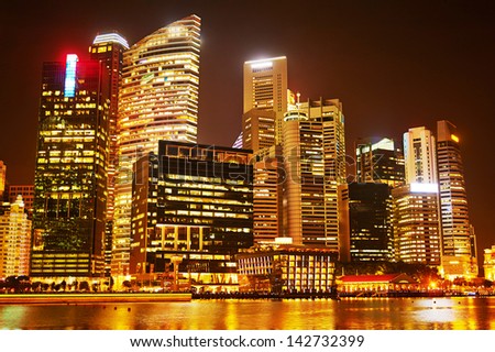 Night panorama of Singapore downtown. There are more than 7,000 multinational corporations from United States, Japan and Europe in Singapore.