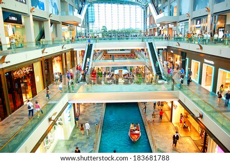 SINGAPORE - MARCH 08: Shopping mall at Marina Bay Sands Resort on March 08, 2013 in Singapore. It is billed as the world\'s most expensive standalone casino property at S$8 billion