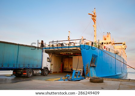 Loading ferry boat in the port of Crimea. Ferry between port Crimea, Kerch, and port Caucasus.