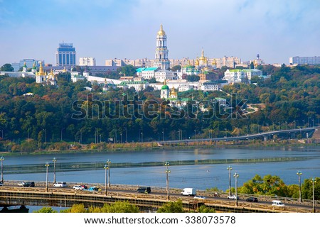 Paton bridge and Kiev Pechersk Lavra on the background. Ukraine