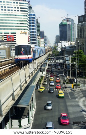 BANGKOK - MARCH 17: BTS Skytrain on March 17, 2012 in Bangkok. The Bangkok Mass Transit System is an elevated rapid transit system in Bangkok. The system consists of 32 stations along two lines