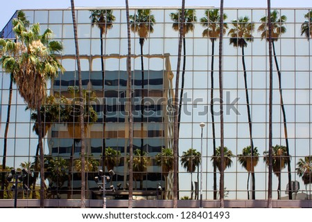 Skyscraper reflected in office windows of building and palm trees