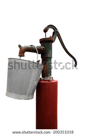 Hand water pump with metal bucket isolated - retro style (old water pump)
