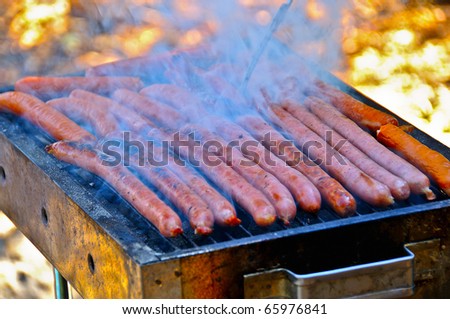 Smoked hunting sausage fried on the grill smoke from coal rises above them